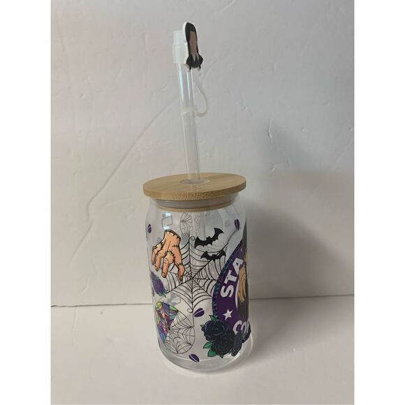 Handmade Beer can shaped glass cup with Bamboo lid, straw topper, Wednesday - Picture 5 of 11